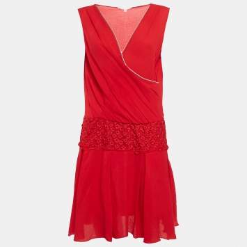 Pre Owned Maje Red Embroidered Tulle Trim Crepe Short Dress M
