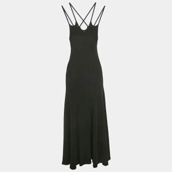 Pre Owned Maje Black Rib Knit Strappy Flared Midi Dress L