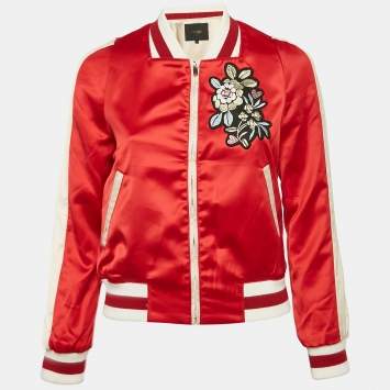 Maje Red Floral Applique Satin Bomber Jacket S