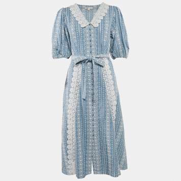 Pre Owned Maje Blue Lace Trim Raviana Broderie Anglaise Cotton Midi Dress M