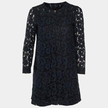 Pre Owned Maje Navy Blue Floral Lace Shift Dress M