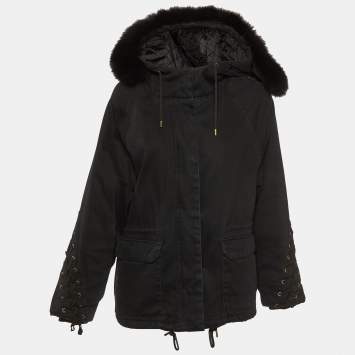 Maje Black Cotton Twill Fur Lined Hooded Jacket M