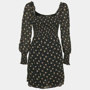 Pre Owned Maje Black Floral Print Crepe Smocking Detail Mini Dress M