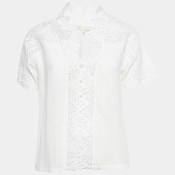 Maje White Lace Trim Chiffon Top S