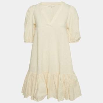Pre Owned Maje Cream Seersucker Flounce Mini Dress S