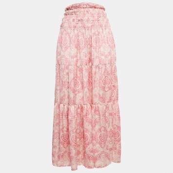 Pre Owned Maje Pink Paisley Print Satin Silk Smocked Maxi Skirt S