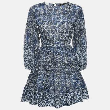 Pre Owned Maje Blue Printed Cotton Cut-Out Mini Dress S