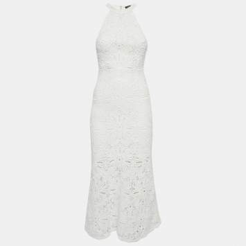 Pre Owned Maje White Floral Pattern Crochet Sleeveless Midi Dress S