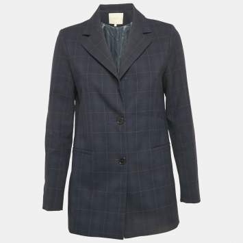 Pre Owned Maje Navy Blue Checks Gabardine Blazer S