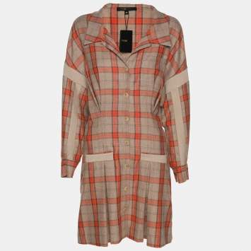 Pre Owned Maje Beige/Orange Check Wool Blend Knit Shirt Dress M