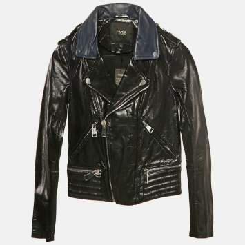 Maje Navy Blue Leather Zip-Up Leather Jacket S