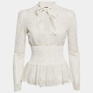 Maje White Lace Smocked Tie-Up Detail Lituane Top S