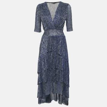 Maje Marine Blue Lurex Knit Ruffled Midi Dress M