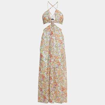 Maje Multicolor Floral Print Crepe Cut-Out Maxi Dress XL