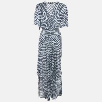 Maje Navy Blue Printed Crepe Shirring Maxi Dress L