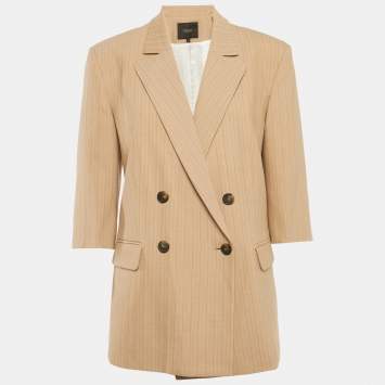 Maje Dark Beige Stripe Wool Blend Double Breasted Blazer M