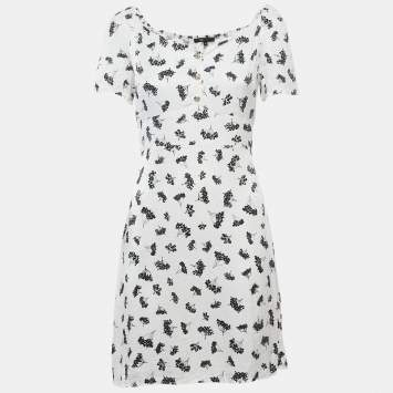 Maje White Patterned Crepe Printed Smocked Mini Dress S