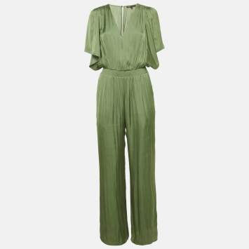 Maje Khaki Green Satin Smocked Jumpsuit S