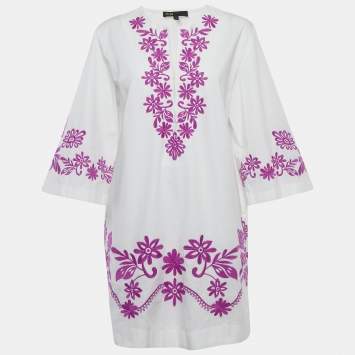 Maje White Floral Embroidery Cotton V-Neck Mini Dress M
