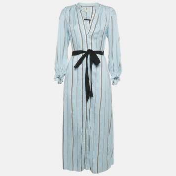 Maje Blue Stripe Crepe Button Front Belted Maxi Dress S