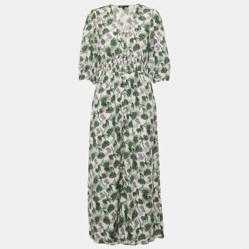 Maje White Printed Linen Blend V-Neck Midi Dress XL