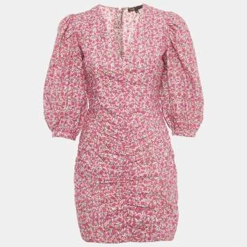 Pre Owned Maje Pink Floral Print Cotton Broderie Anglaise Ruche Mini Dress S
