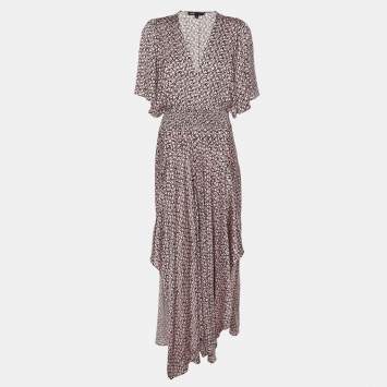 Pre Owned Maje Multi Pink/Black Printed Satin Midi Dress L