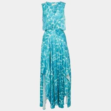 Pre Owned Maje Blue Printed Cut -Out Detail Satin Asymmetric Maxi Dress S 