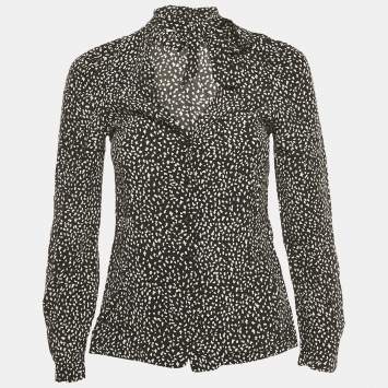 Pre Owned بلوزة ماج كريب مطبوعة باللون الأسود بتفاصيل ربطة عنق مقاس صغير - سمول