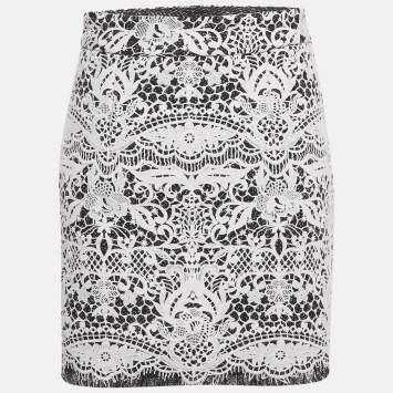 Pre Owned Maje White / Black Lace Fringed Hem Mini Skirt M