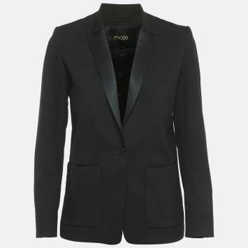 Pre Owned Maje Black Crepe & Silk Trim Single Breasted Blazer S