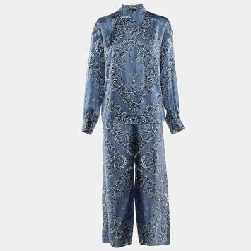 Pre Owned Maje Blue Paisley Printed Satin Shirt & Pants Set S