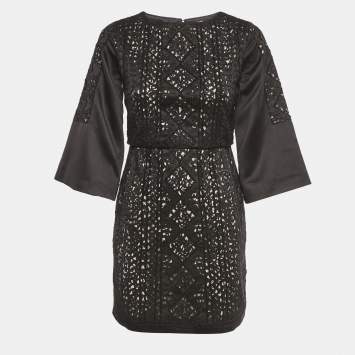 Pre Owned Maje Black Lace Embellished Satin Mini Dress S