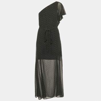 Pre Owned Maje Black Embellished One Shoulder Crepe Maxi Dress L