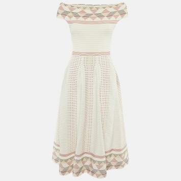 Pre Owned Maje Cream Patterned Knit Off Shoulder Remord Midi Dress S