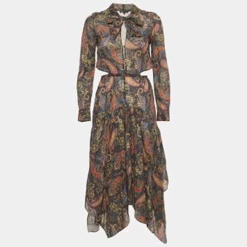 Pre Owned Maje Blue Paisley Print Citton Cut-Out Asymmetric Midi Dress S