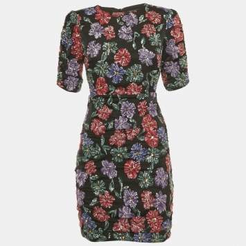 Pre Owned Maje Black Floral Razul Sequin Satin Bodycon Mini Dress S