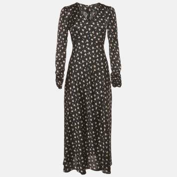 Pre Owned Maje Black Floral Print Satin Ruche Sleeve Midi Dress S