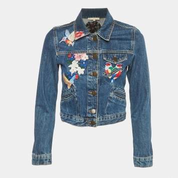 Pre Owned Maje Blue Floral Embroidered Cropped Vivo Denim Jacket S