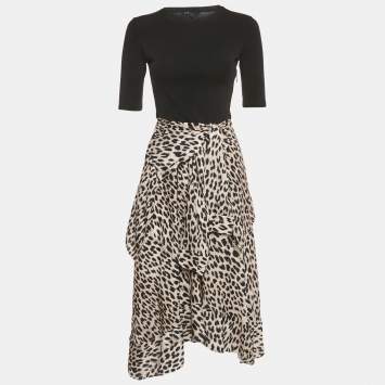 Pre Owned Maje Black Leopard Print Satin Asymmetric Midi Dress S