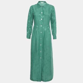 Pre Owned Maje Green Palm Tree Jacquard Sateen Midi Dress M