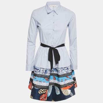 Pre Owned Maje Blue Printed Lace Detail Cotton Rafina Mini Shirt Dress S