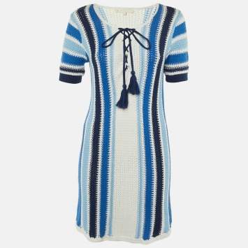 Pre Owned Maje Blue Striped Crochet Knit Reedlay Mini Dress L