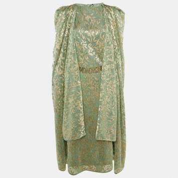 Pre Owned Maje Light Green Metallic Foliage Print Plisse Belted Cape & Maxi Dress M