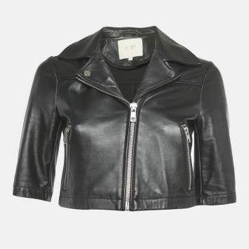 ممل وكة مسبقًا Maje Black Leather Zip-Up Crop Jacket S