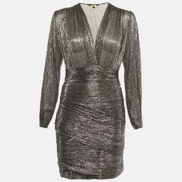 Pre Owned Maje Black Metallic Plunge Neck Mini Dress L
