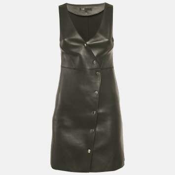 Pre Owned Maje Black Leather Buttoned Mini Dress S