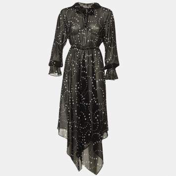 Pre Owned Maje Black Star Print Crepe Asymmetric Hem Sheer Midi Dress L 