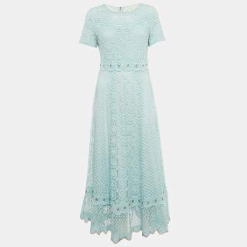 Pre Owned Maje Blue Lace Grommet Detail Scallop Midi Dress L 