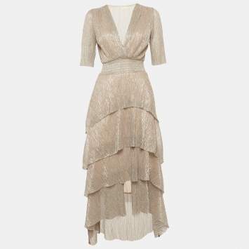 مملوكة مسبقًا Maje Multicolor Lamé Tiered Midi Dress S